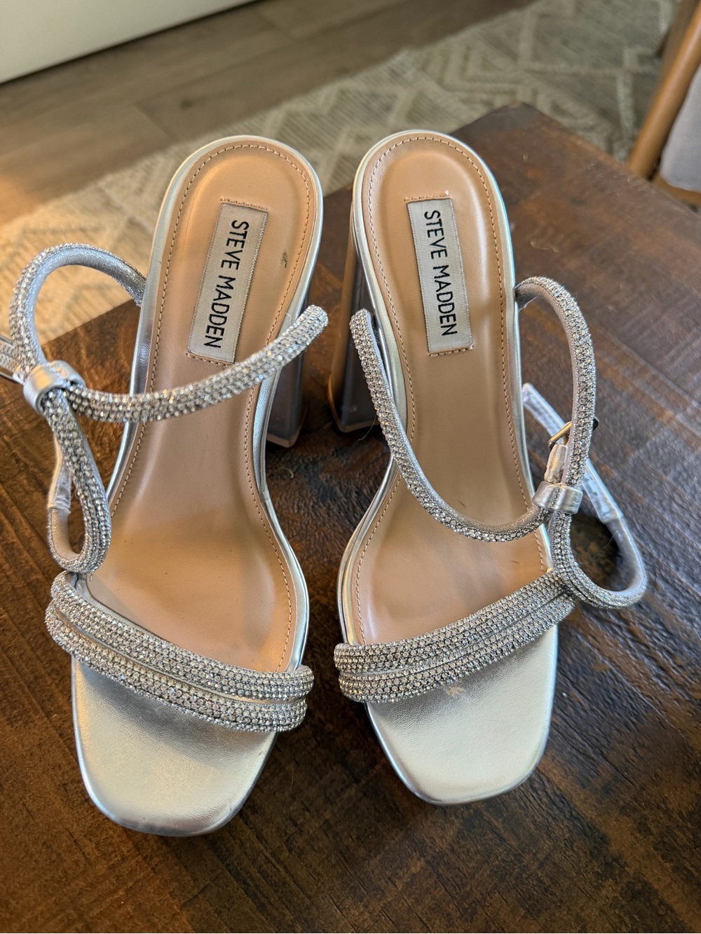 Steve Madden Silver Crystal-Strap Block Heel Sandals